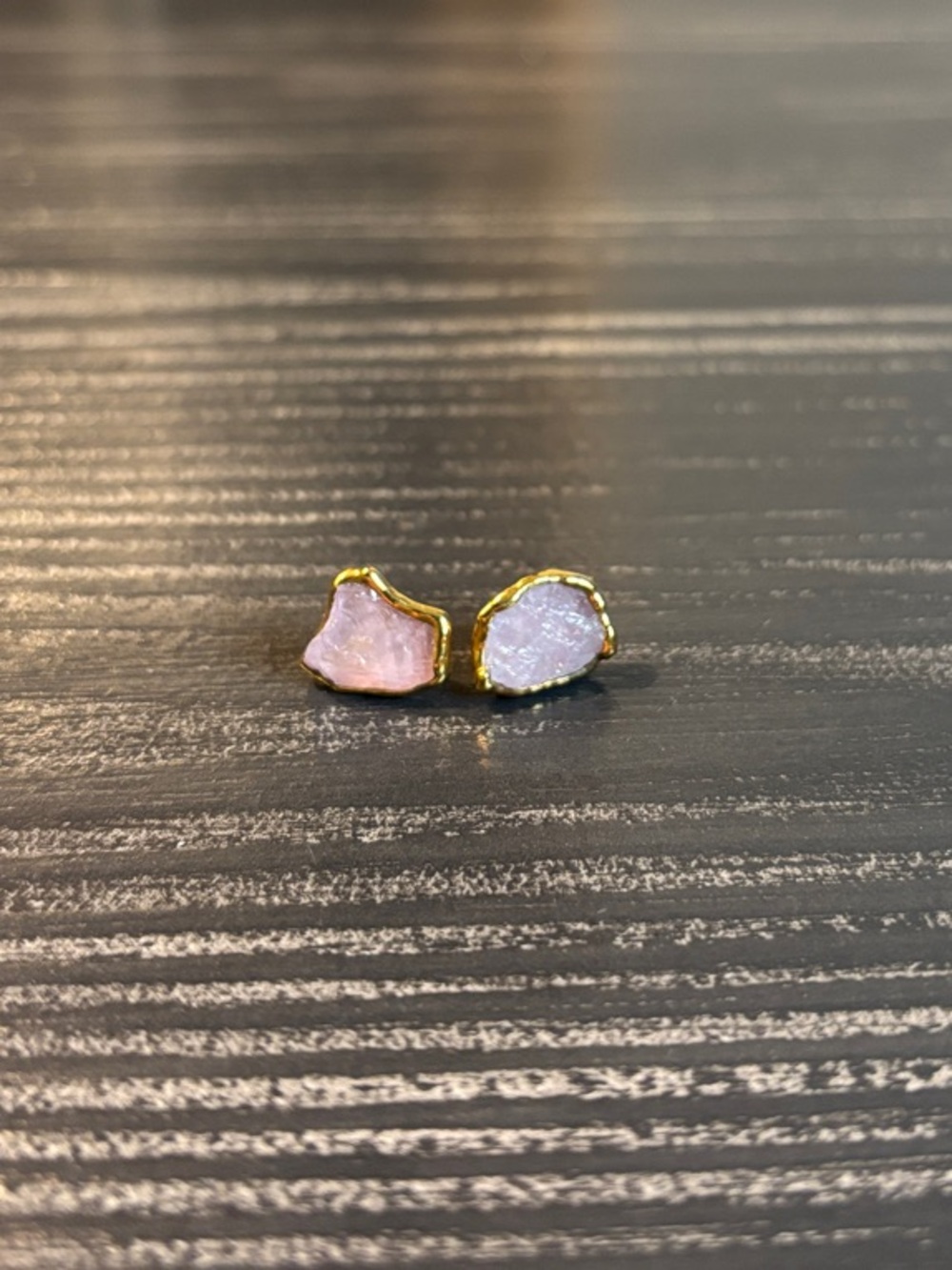 Large Raw Rose Quartz Gold Trim Stud Earrings - Women Jewelry